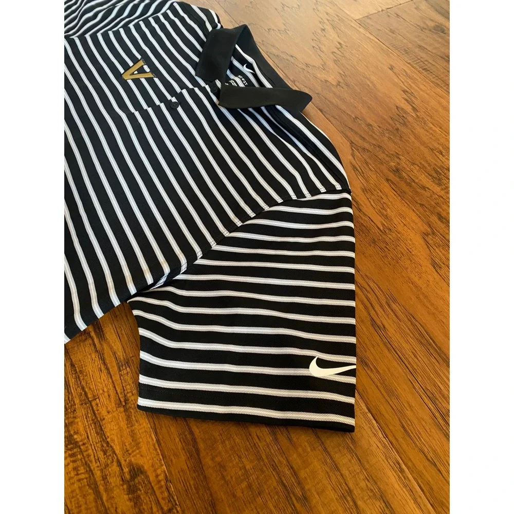 Nike Dri-FIT Mens Large Black White Striped V Logo Golf Polo Shirt Short Sleeve